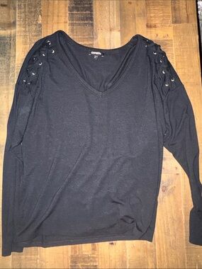 Express Black V-Neck Long Sleeve Top with Lace-Up Shoulder Grommets